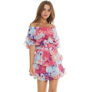 Misa Los Angeles Floral Off-Shoulder Mini Dress - Pink and Blue